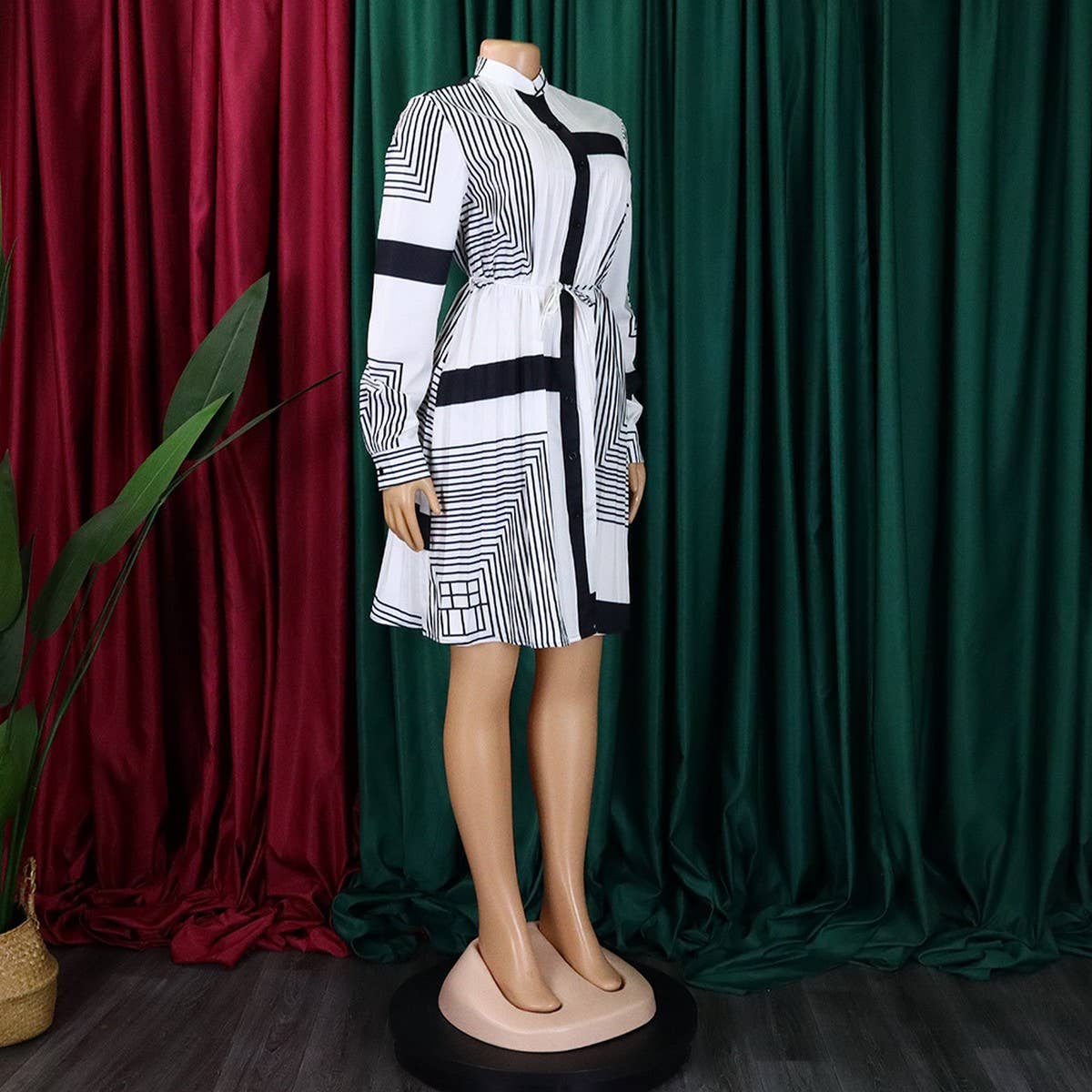 PRINTED PLEATED FASHION TIE CASUAL PLUS SIZE DRESS_CWDSD6160