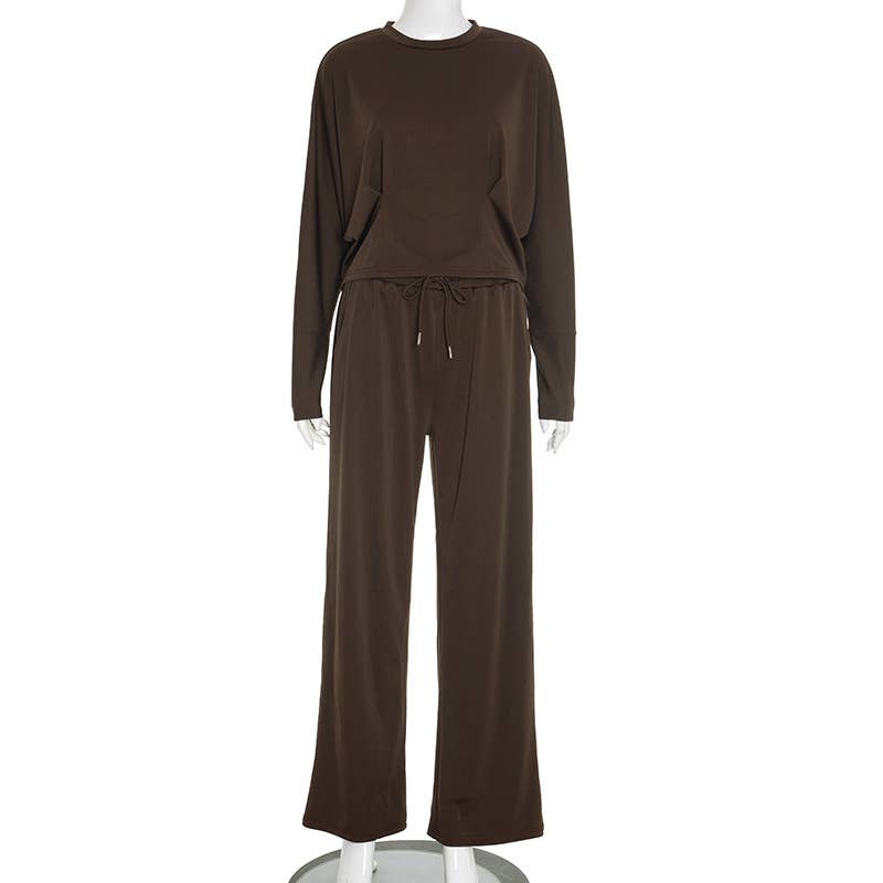 Round-neck straight-leg tie long pants set