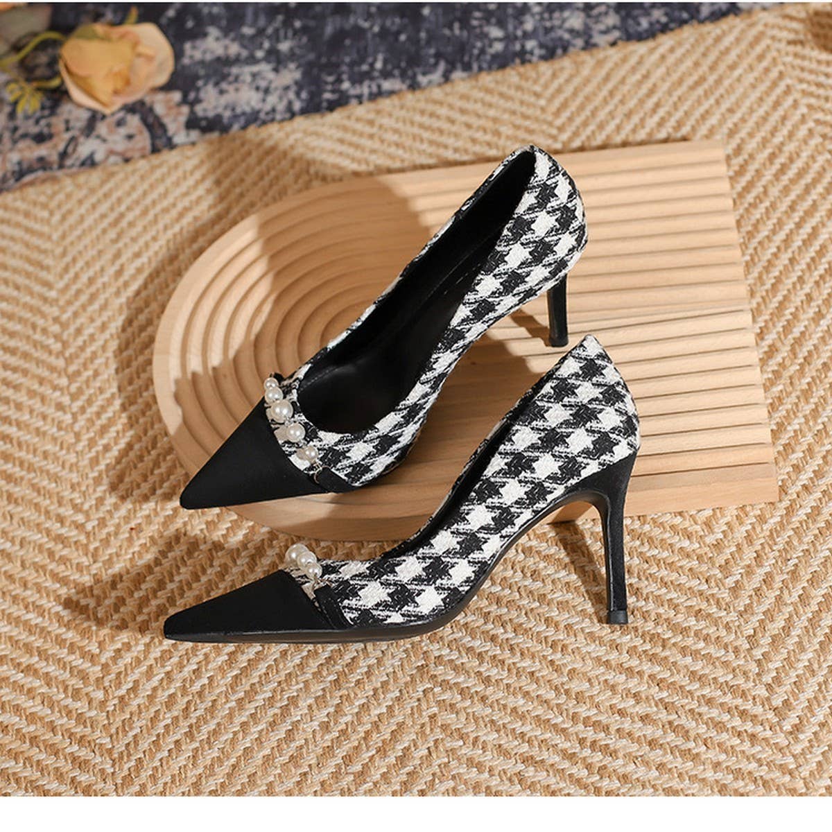 THOUSAND BIRD PLAID SLIM HEEL HIGH HEELS