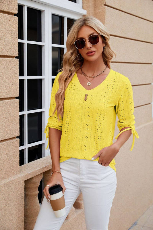 Cwtts0814_3/4 Sleeve V-Neck Knit Top