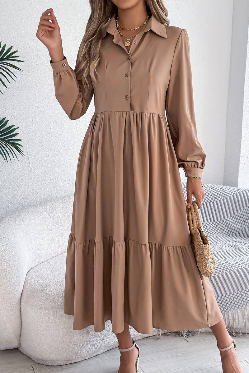 CWDMD6027_LOOSE FIT RUFFLE TRIM LONG SLEEVE SHIRT DRESS