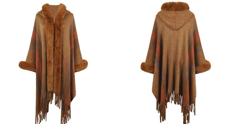 WOMEN'S HOODED CAPE STRIPED KNITTED FRINGE SHAWL