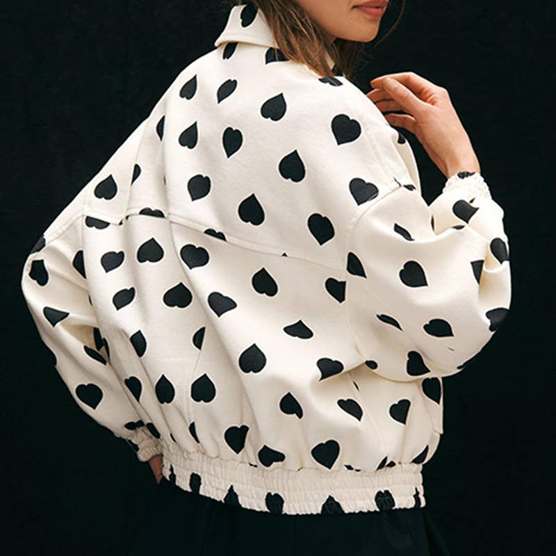 FASHION LOVE PRINT LAPEL ZIPPER CARDIGAN COAT