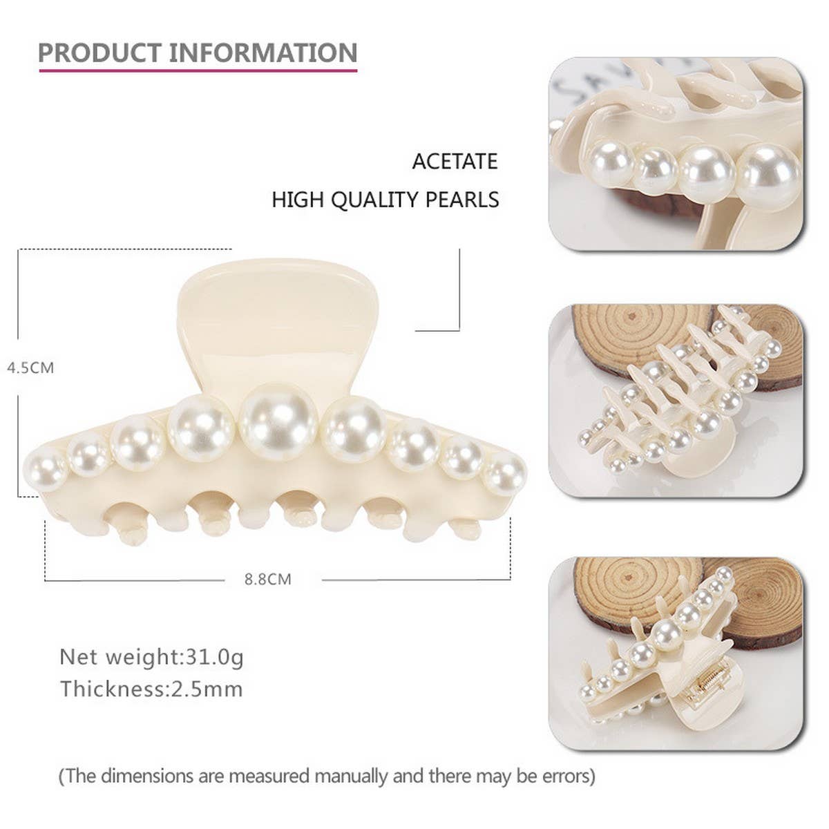 ACETATE PEARL SHARK CLIP HAIRPIN FOR BACK OF HEAD_CWAHA4250