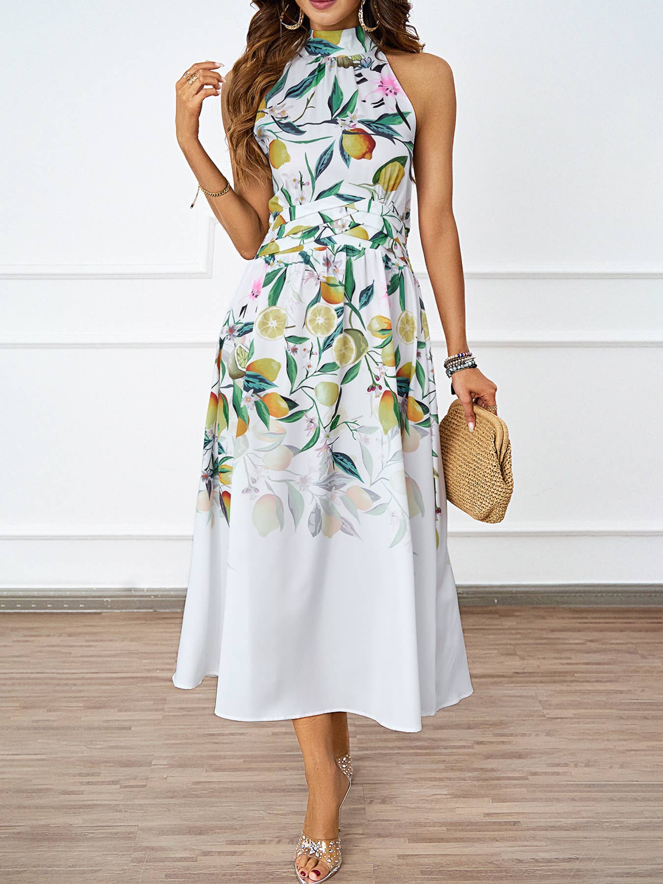 FASHION HALTER PRINT WAIST SLIMMING DRESS