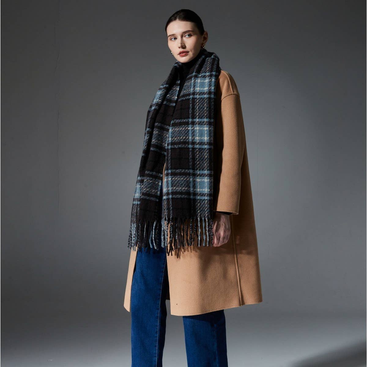 Amazon Hot Seller Faux Wool Blue Plaid Scarf Shawl_CWASC1277