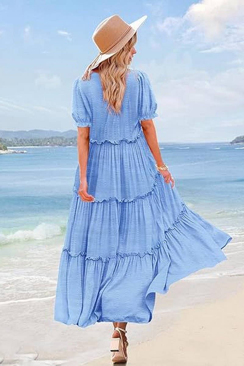 CWDMD6366_ROUND NECK PUFF SLEEVE RUFFLE PRINTED DRESS