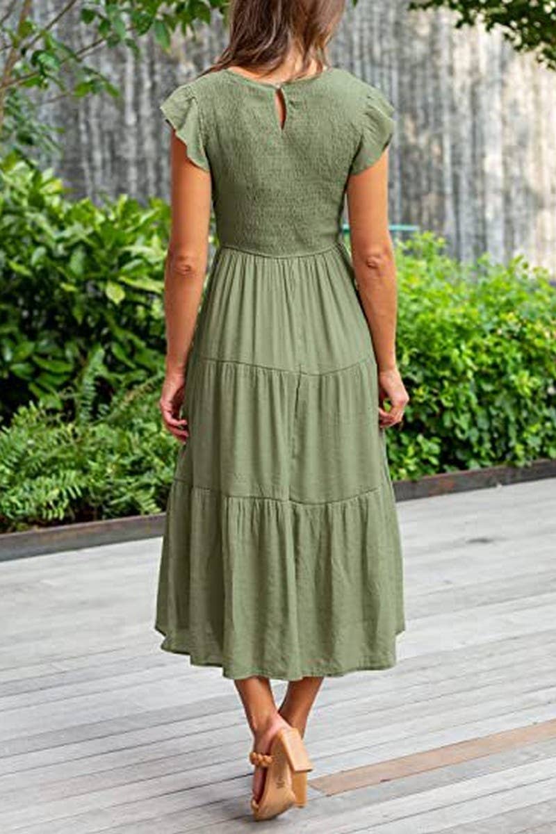 CWDMD2568_FLYING SLEEVE SHIRRED LAYERED SHORT SLEEVE DRESS