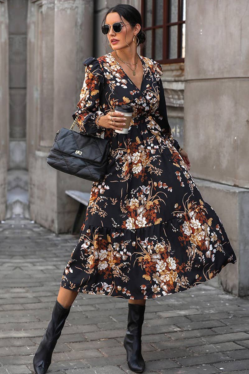 CWDMD4736_NEW LADIES V-NECK PRINTED MIDI DRESS