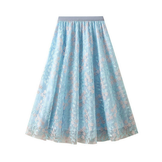 Embroidered Layered Tulle Skirt with Elastic Waist