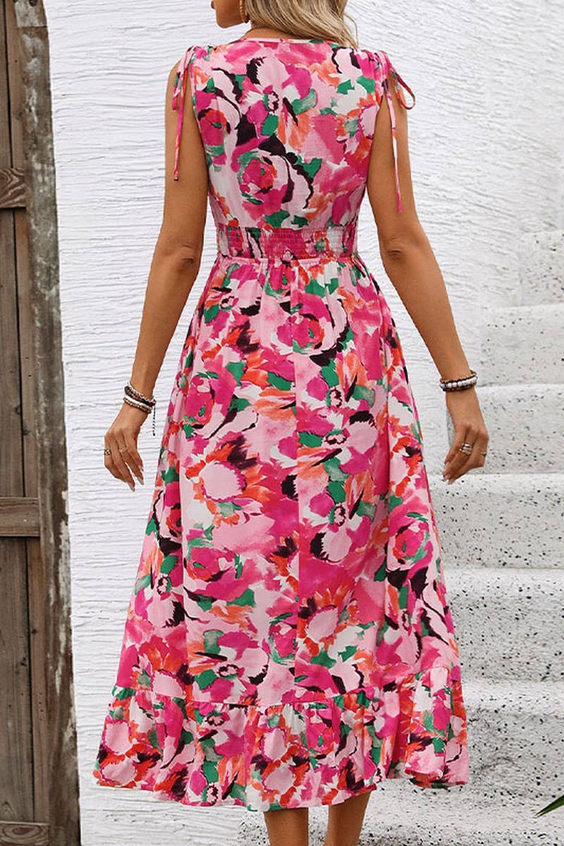 CWDMD2383_V-NECK SLEEVELESS CORSETED PRINTED DRESS