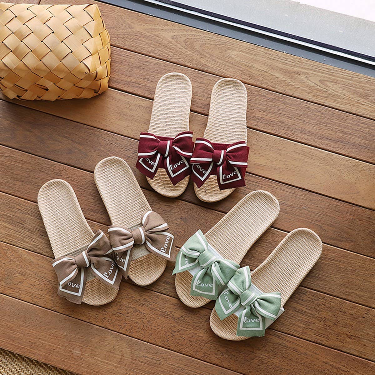 Linen Bow Slippers with Soft Anti-Slip Sole