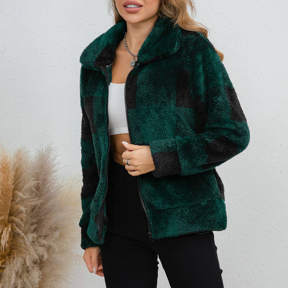 LAPEL LONG SLEEVE BAGGY CASHMERE PLAID JACKET