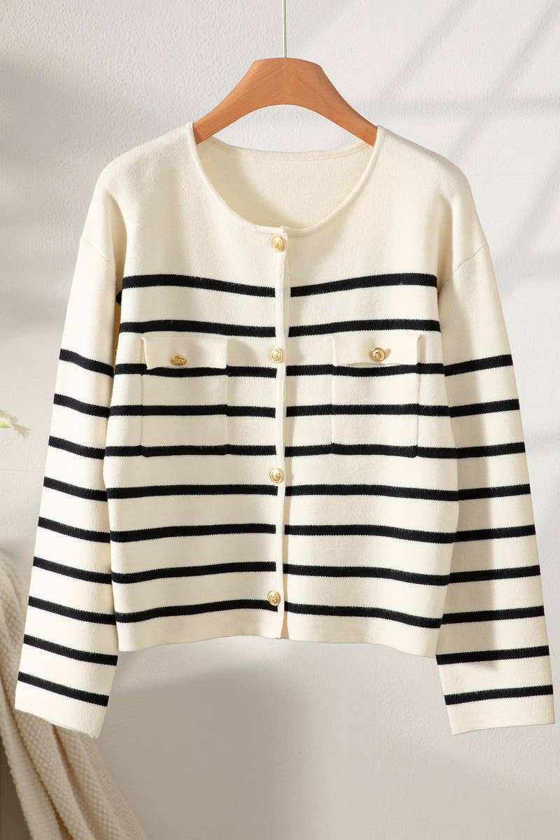 CWOCAL00715_BLACK AND WHITE STRIPED KNITTED CARDIGAN