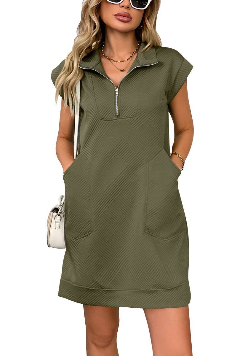 CWDSD7453_SUMMER LAPEL ZIPPER POCKET LOOSE SHIFT DRESS