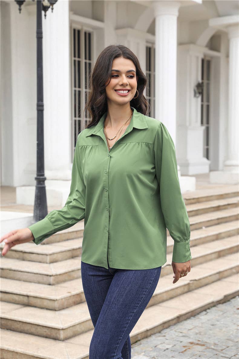 Lantern-sleeve pleated stand collar loose shirt