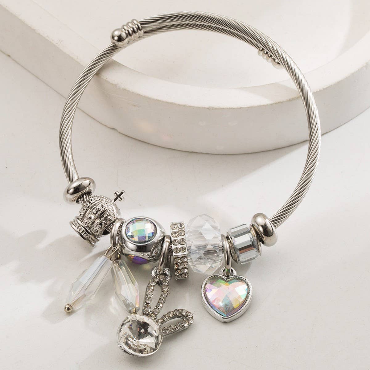 Silver Stainless Steel Bracelet with Rabbit & Heart