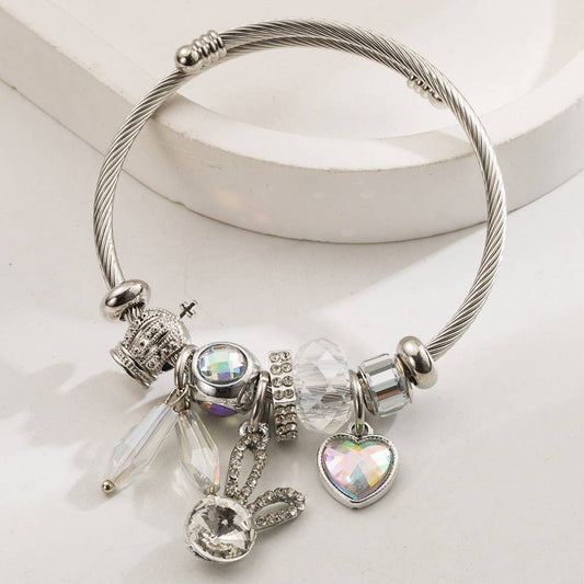 Silver Stainless Steel Bracelet with Rabbit & Heart