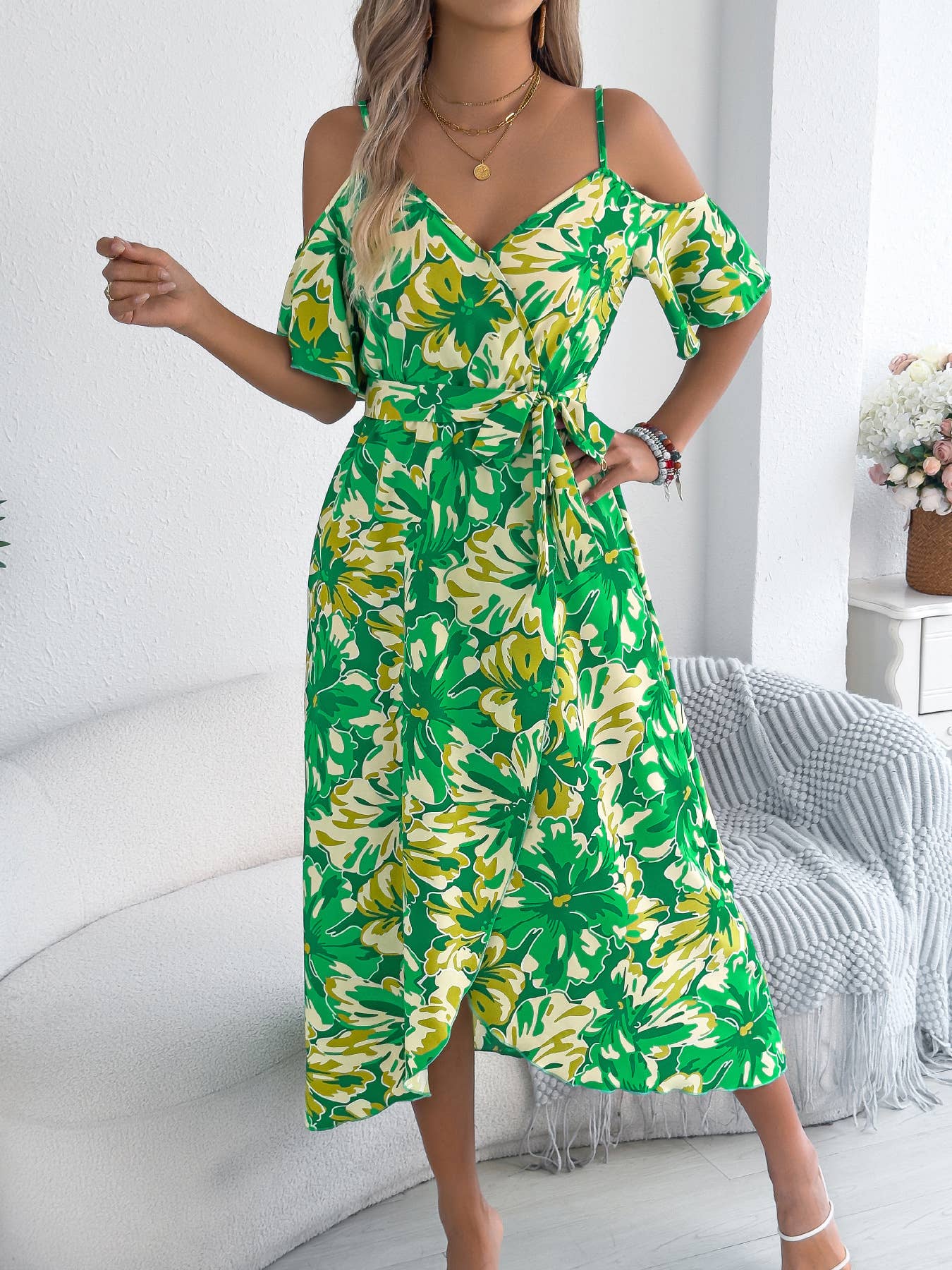 Off-the-shoulder cross-neck printed halter dress