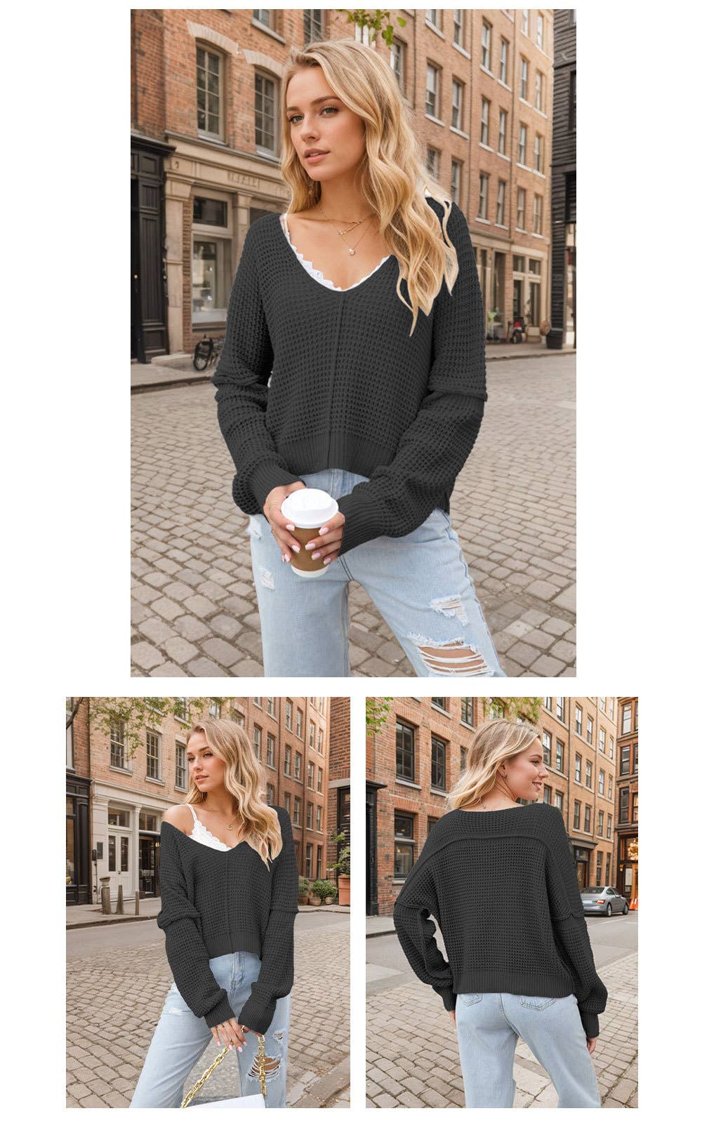 V-NECK OFF-THE-SHOULDER LOOSE-FITTING SWEATER