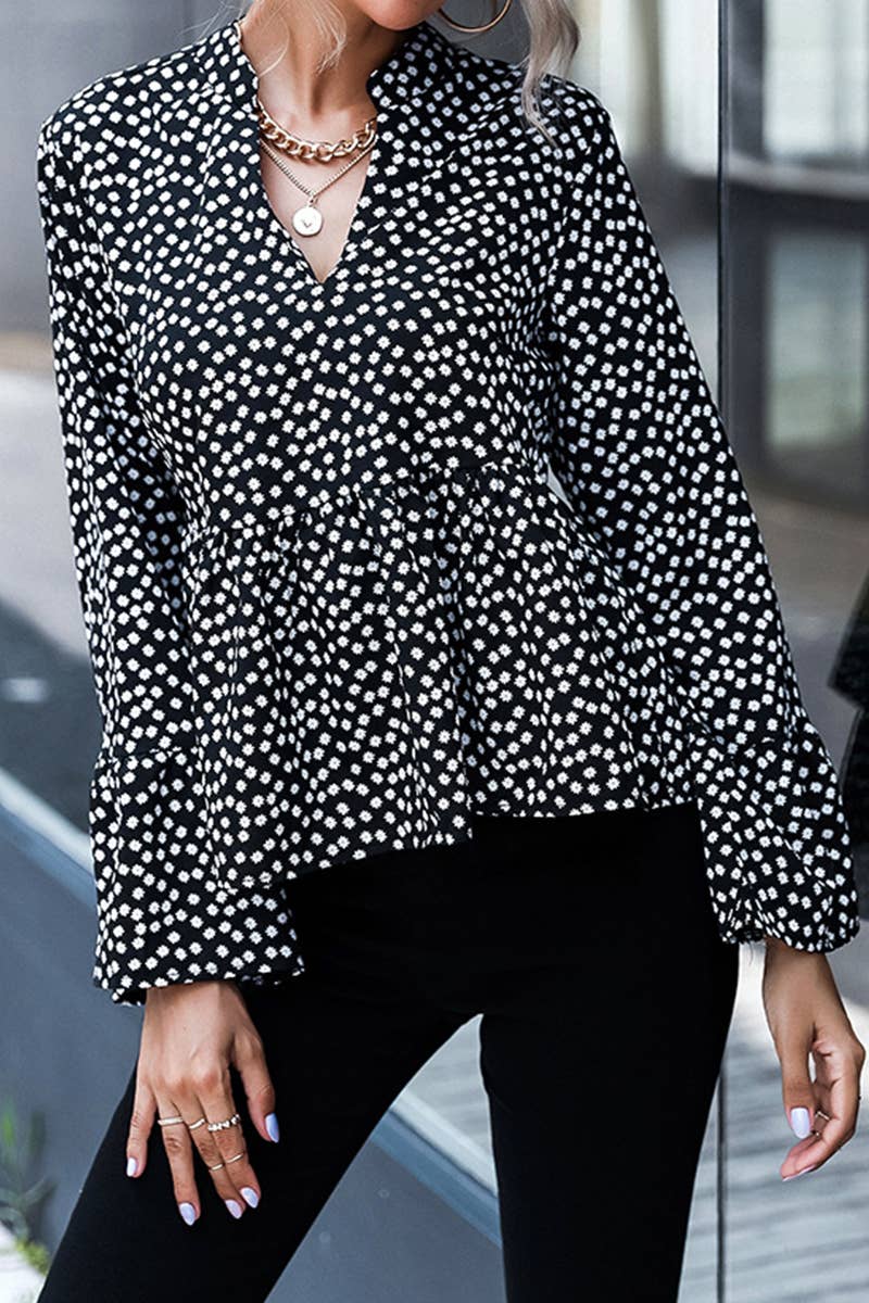 V-NECK SEXY POLKA DOT LONG SLEEVE SIMPLE TOP