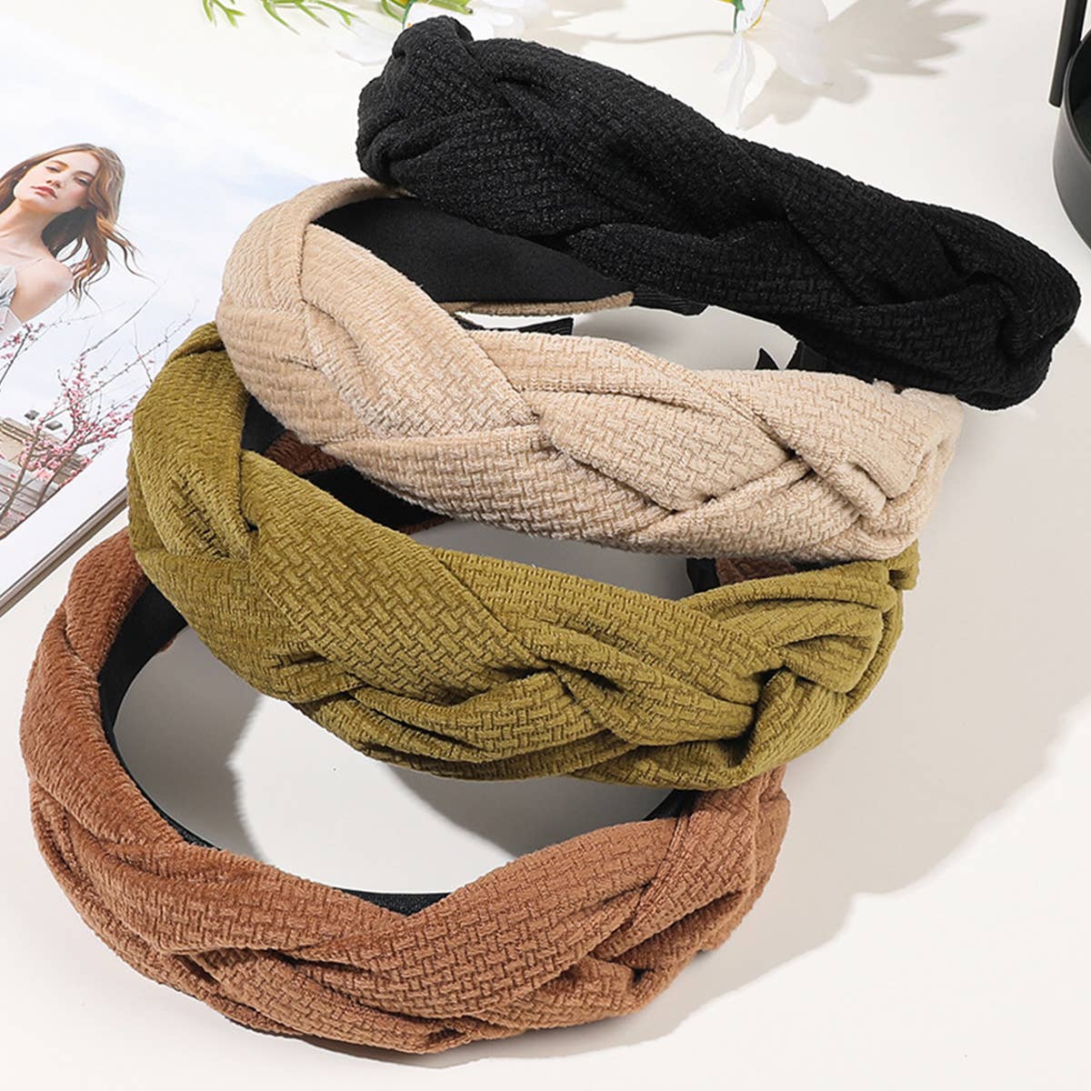 4PCS COLOR BLOCK WEAVE DETAIL HEADBAND_CWAHA0236