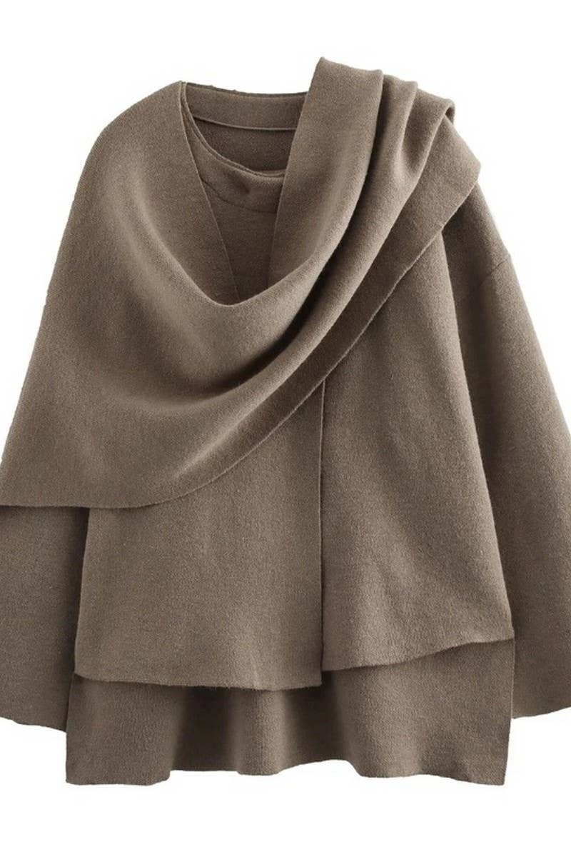 CWOCO1060_SOLID COLOR ASYMMETRIC SCARF KNITTED COATS
