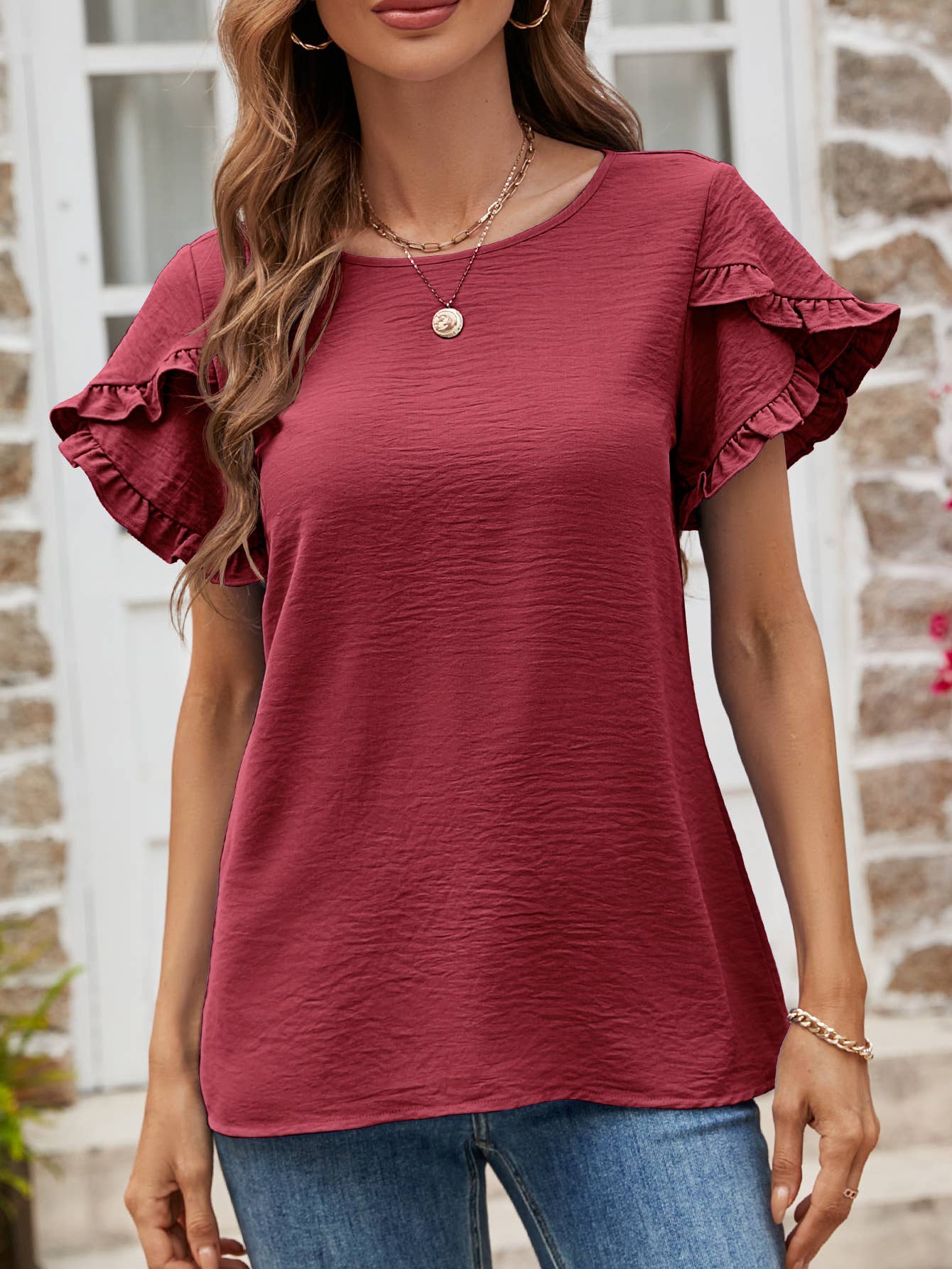 Solid color round neck lace casual T-shirt