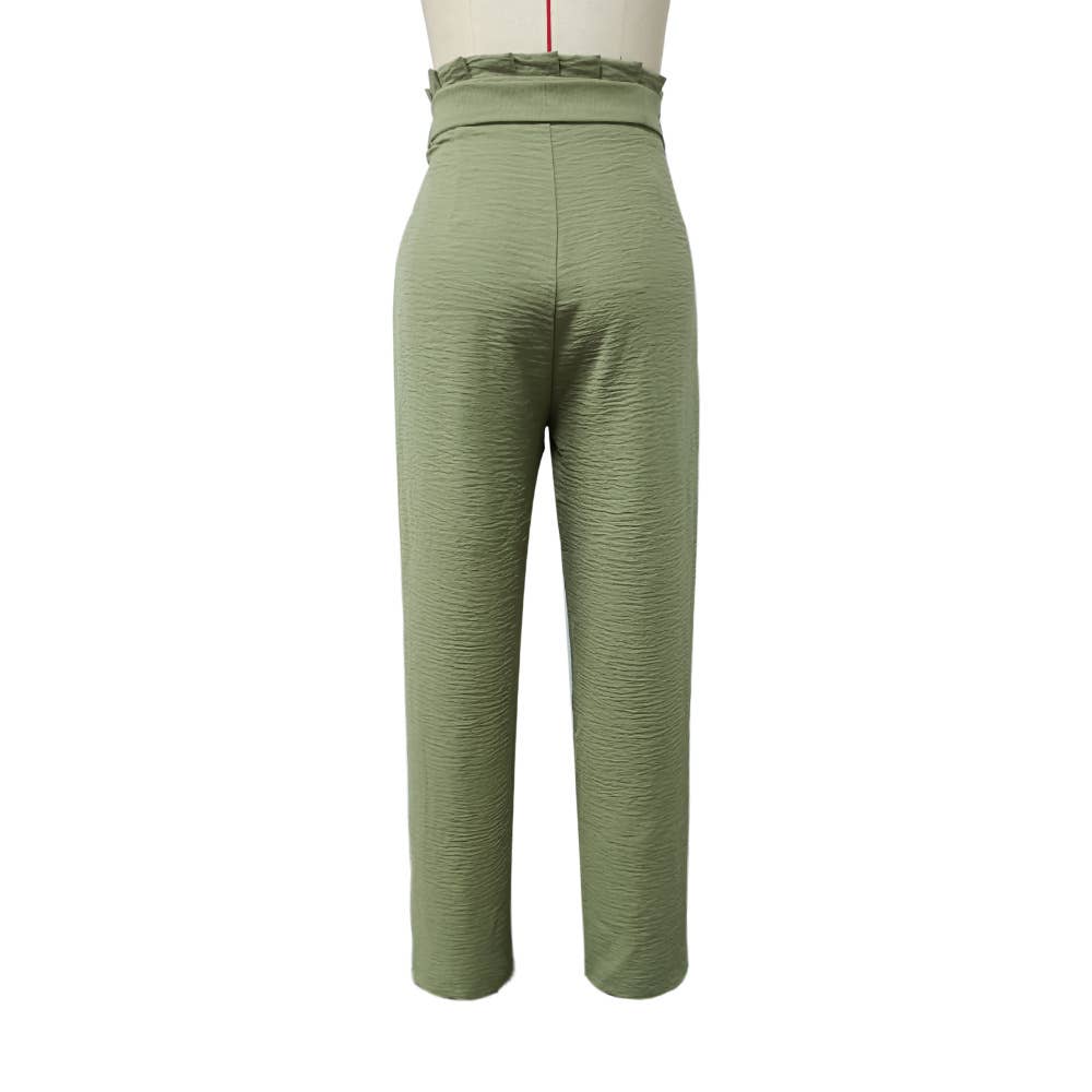 Solid Color Tie Waist High Rise Slim Fit Pants