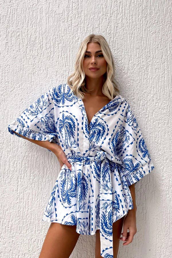 Waist-cinched lace-up V-neck geometric jumpsuit