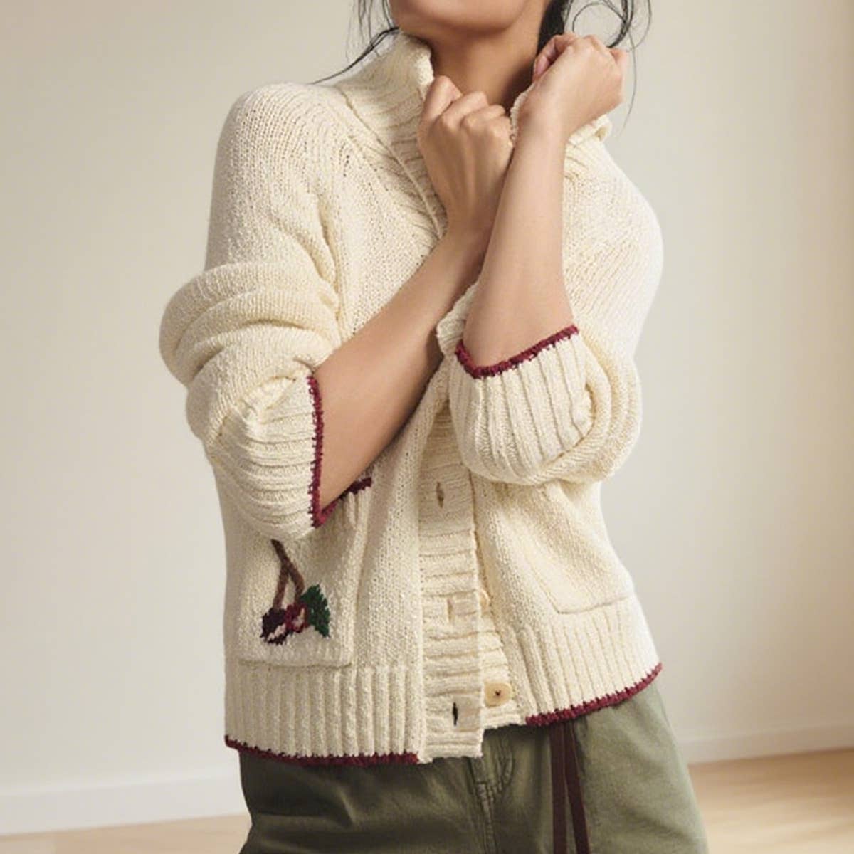 Lapel cherry jacquard single-breasted cardigan