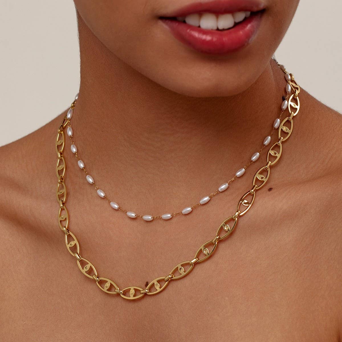 TRENDY GEOMETRIC LAYERED PEARL NECKLACE