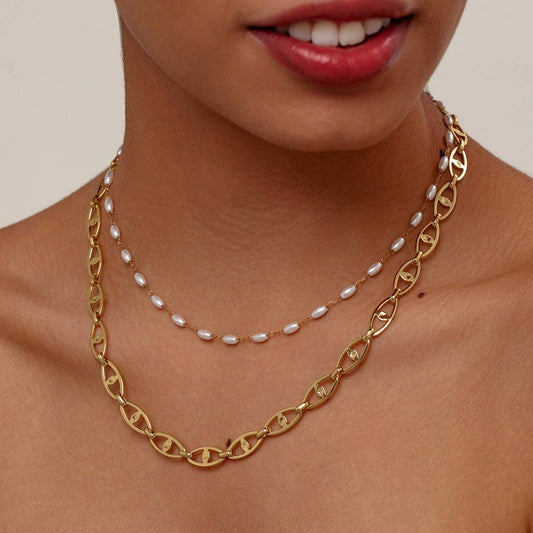 TRENDY GEOMETRIC LAYERED PEARL NECKLACE
