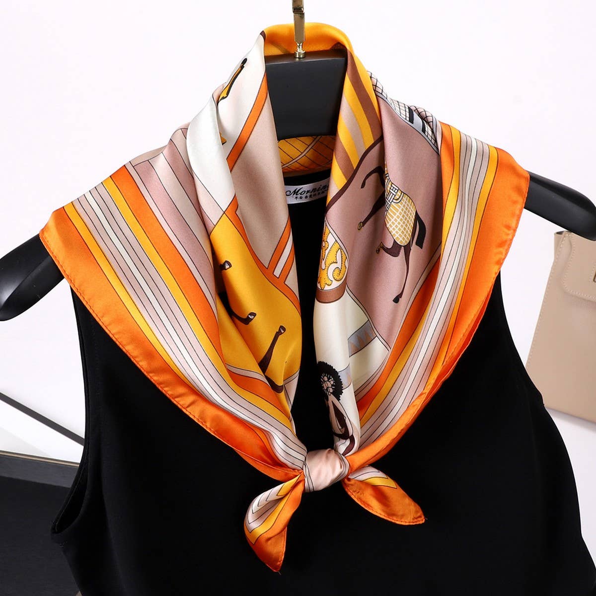 Vintage Letter Print Satin Square Scarf for Women