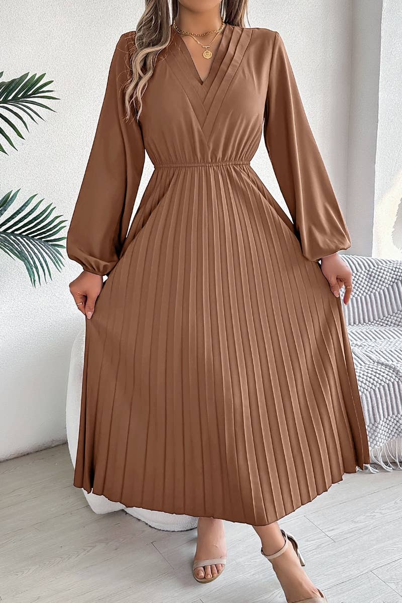 CWDMD3462_V-NECK LONG SLEEVE WAIST PLEATED DRESS LONG STYLE
