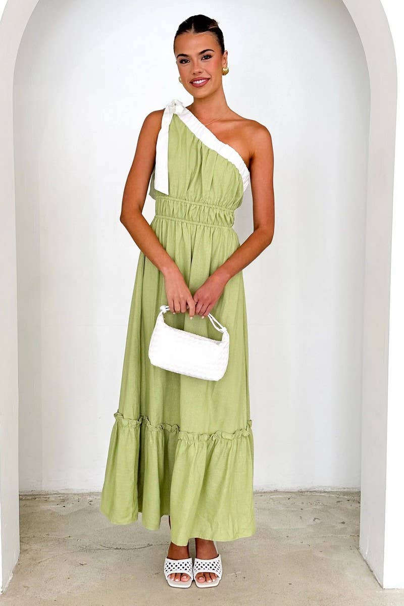 CWDMD5178_CASUAL WAIST SOLID COLOR ONE SHOULDER DRESS