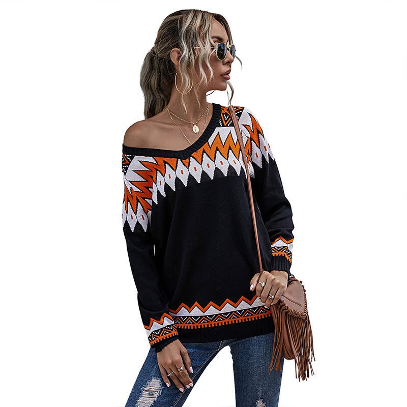 V-neck loose casual contrasting color sweater