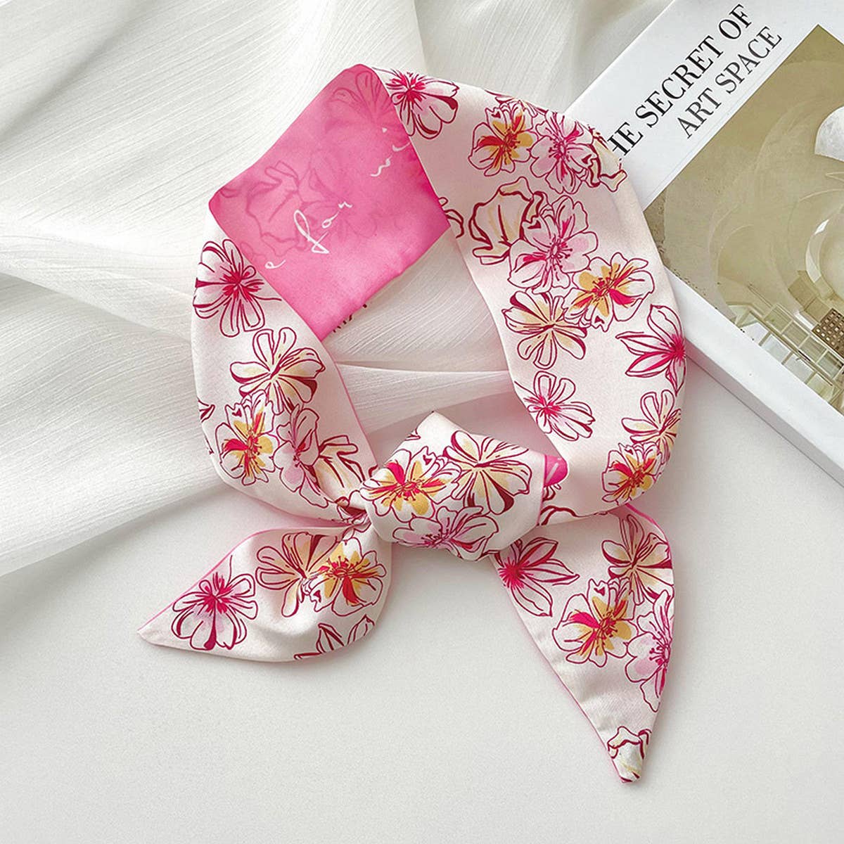 Pink Floral Skinny Scarf ??Hair Tie & Bag Ribbon_CWASC0708