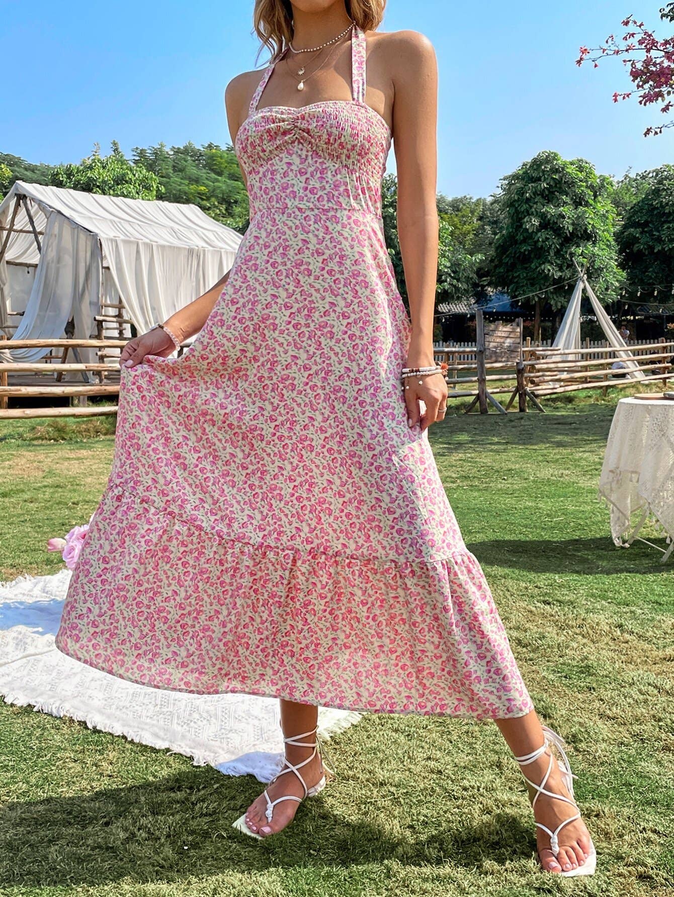 High-Waisted,Off-The-Neck Sleeveless Dress