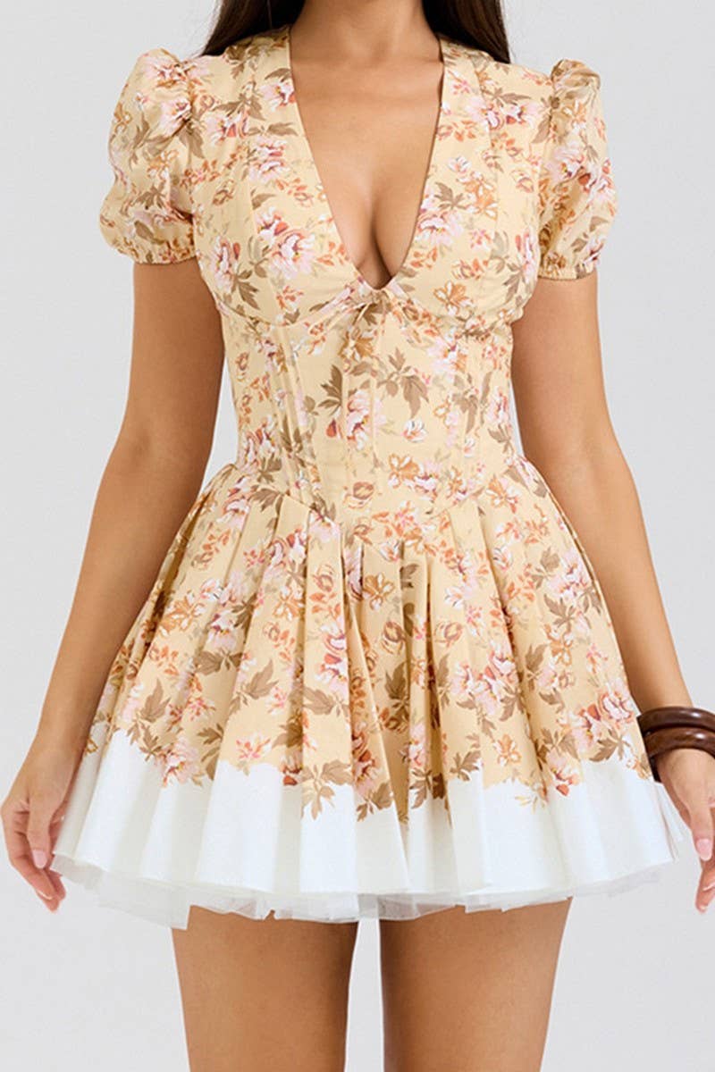 CWDSD8054_DEEP V NECK FLORAL WAIST MINI DRESS