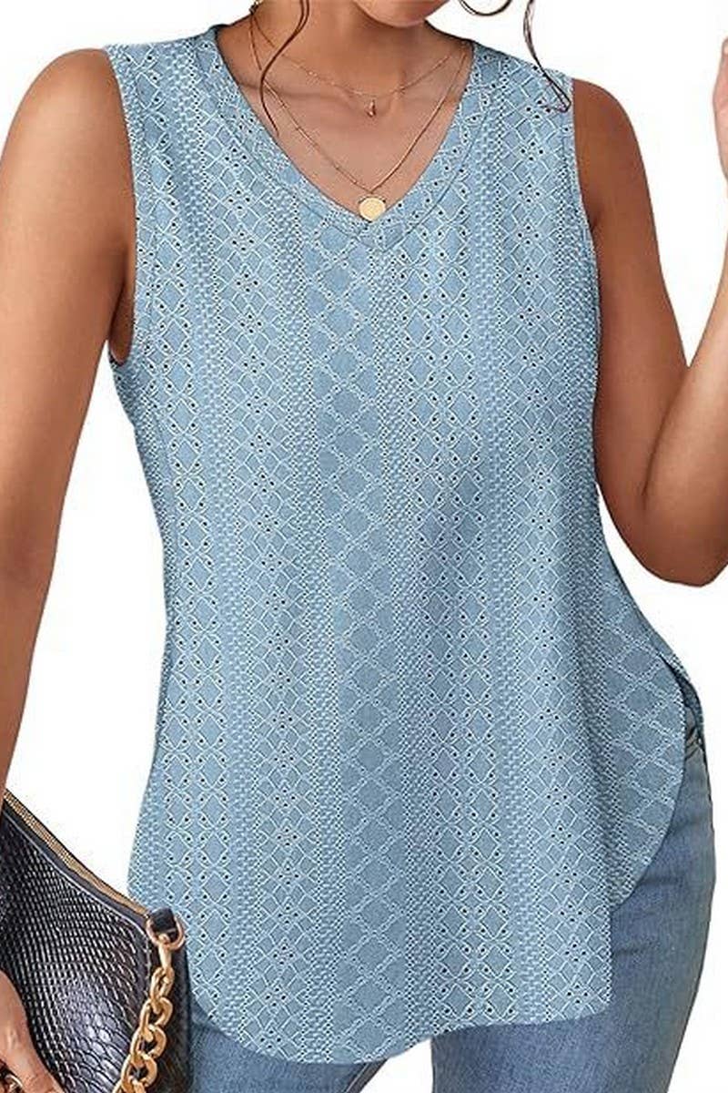 V NECK SLEEVELESS SLIT SOLID COLOR CASUAL SHIRT_CWTSTSL0069