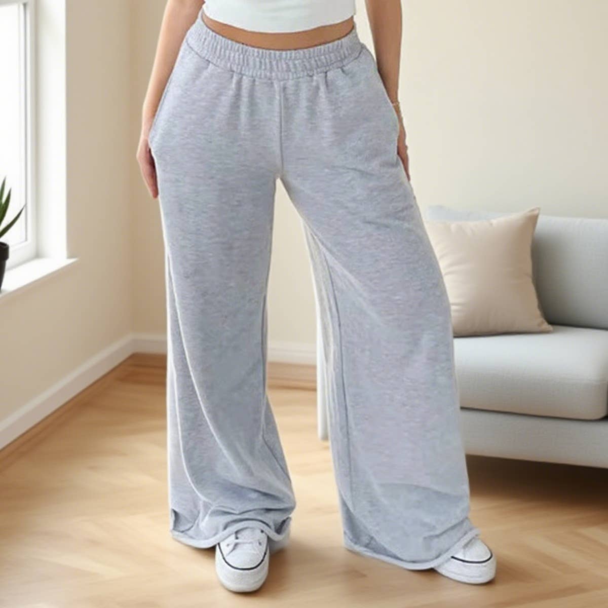 Simple stretched-waist straight-leg casual pants
