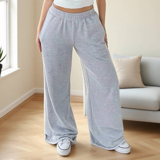 Simple stretched-waist straight-leg casual pants