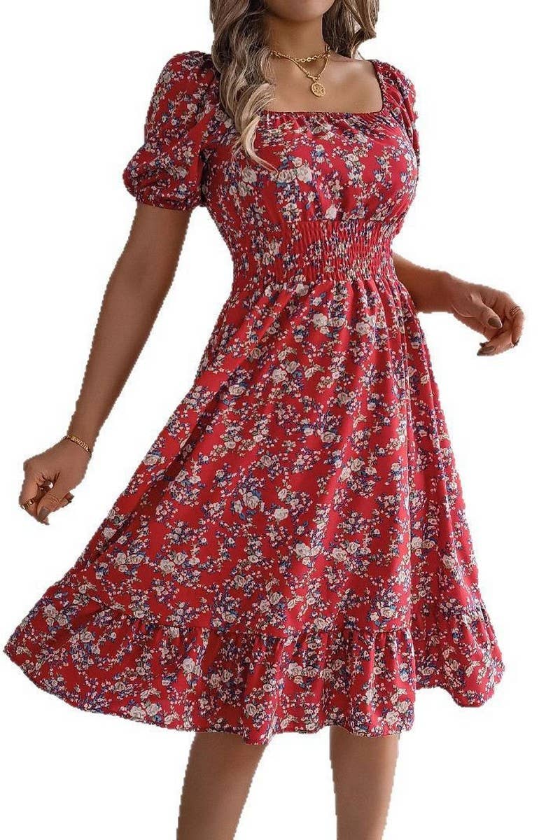 CWDSD8384_FLORAL SQUARE NECK RUFFLE HEM WAIST DRESS