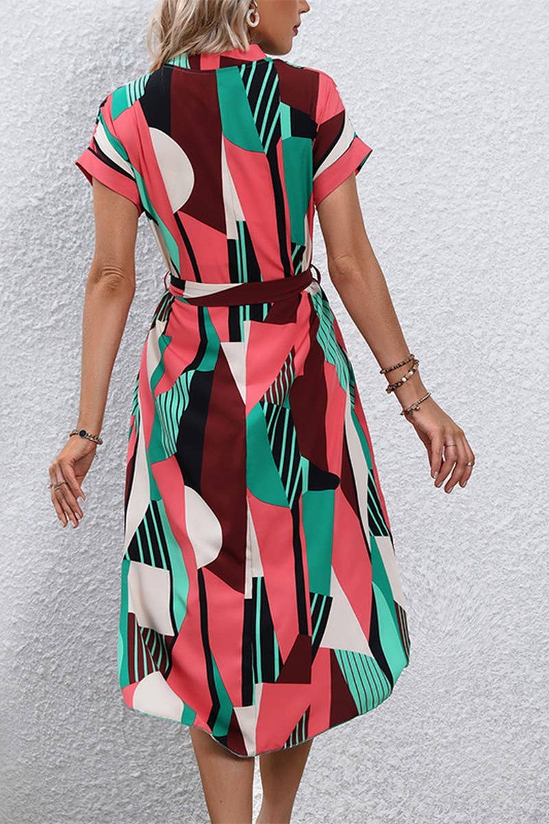 CWDSD7880_COLORBLOCK BELTED SHORT SLEEVE MIDI DRESS