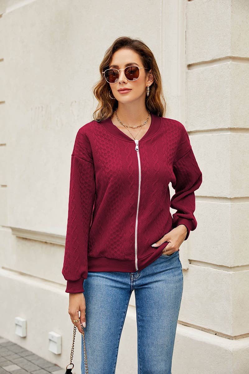 Solid-color zipper round-neck Jackets