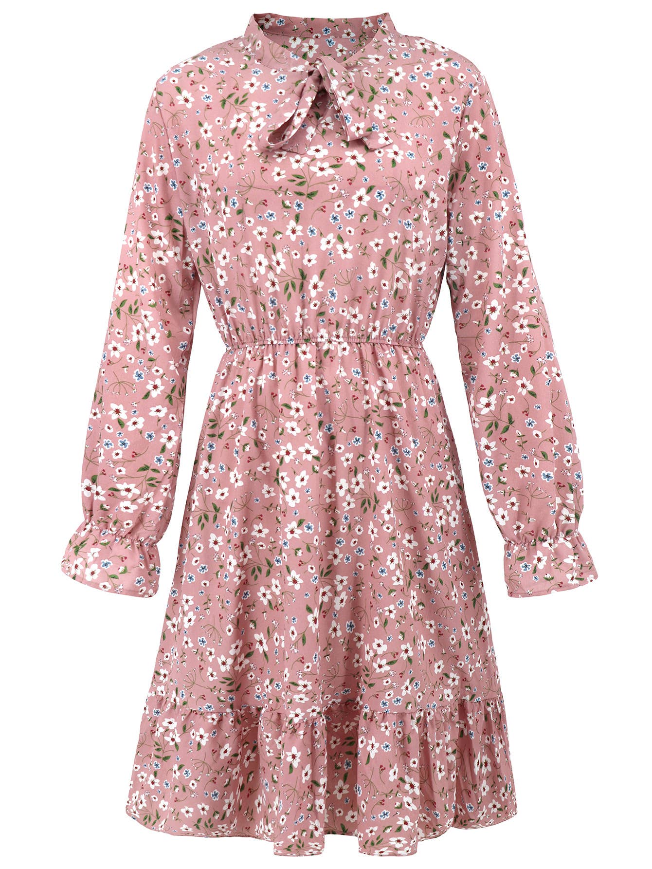Waist-Cinched Floral Ruffle Bell Sleeve Dress