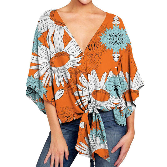 V-neck knotted printed loose sleeved top