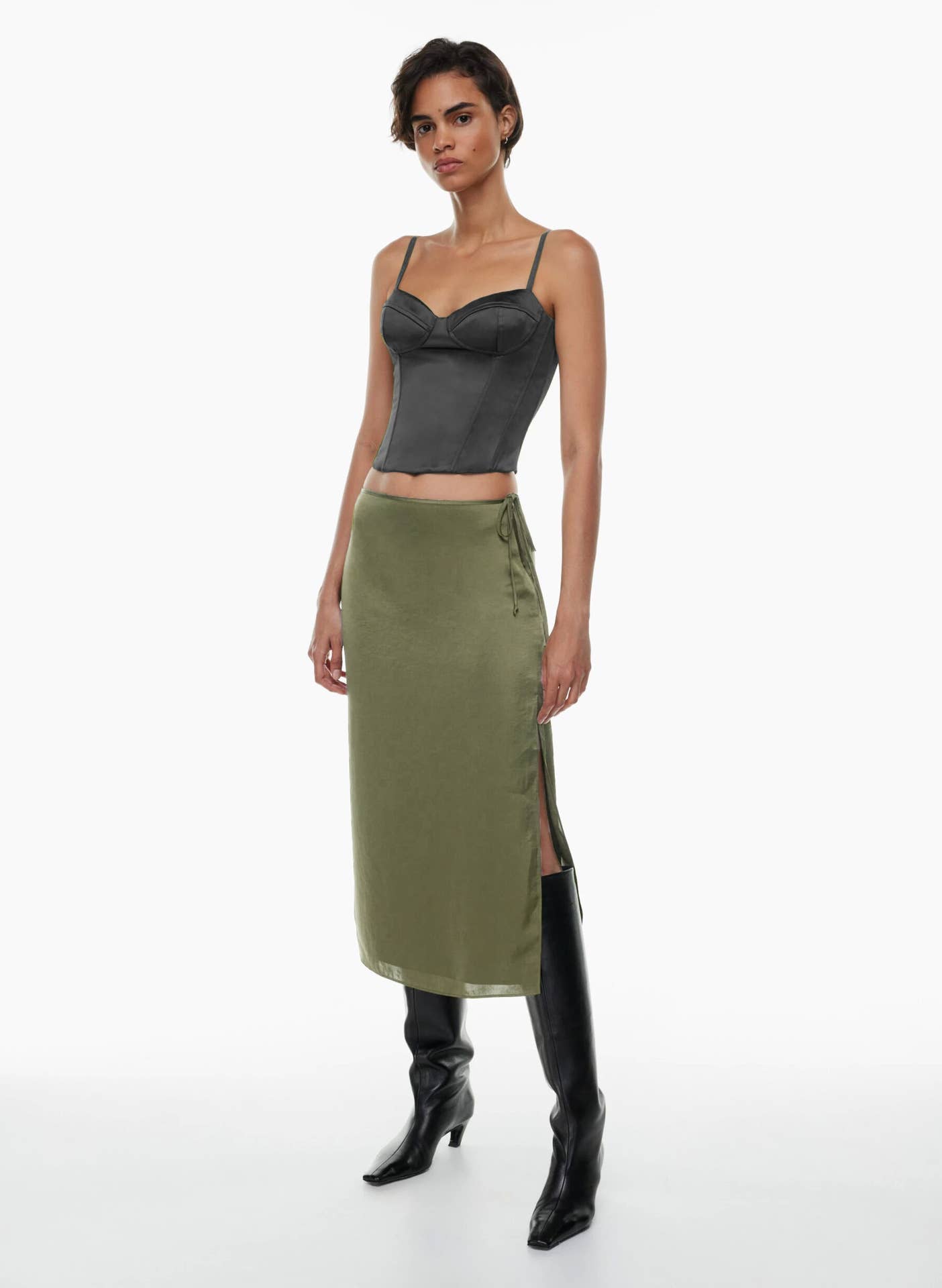 LACE UP SATIN SKIRT HIGH WAIST SLIT STRAIGHT SKIRT