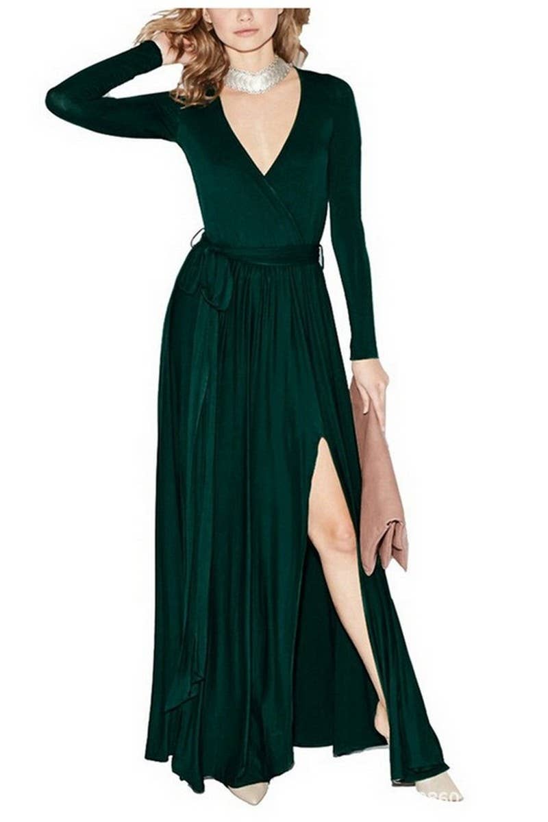 CWDMD01136_SOLID LONG SLEEVE V NECK SEXY DRESS